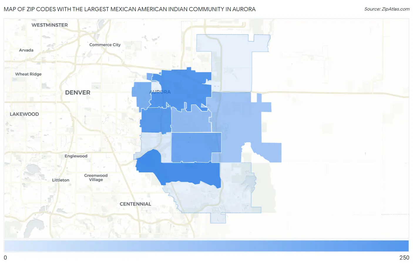 Zip Codes with the Largest Mexican American Indian Community in Aurora Map