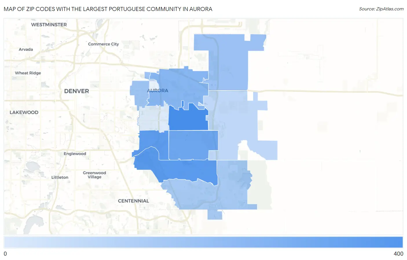 Zip Codes with the Largest Portuguese Community in Aurora Map