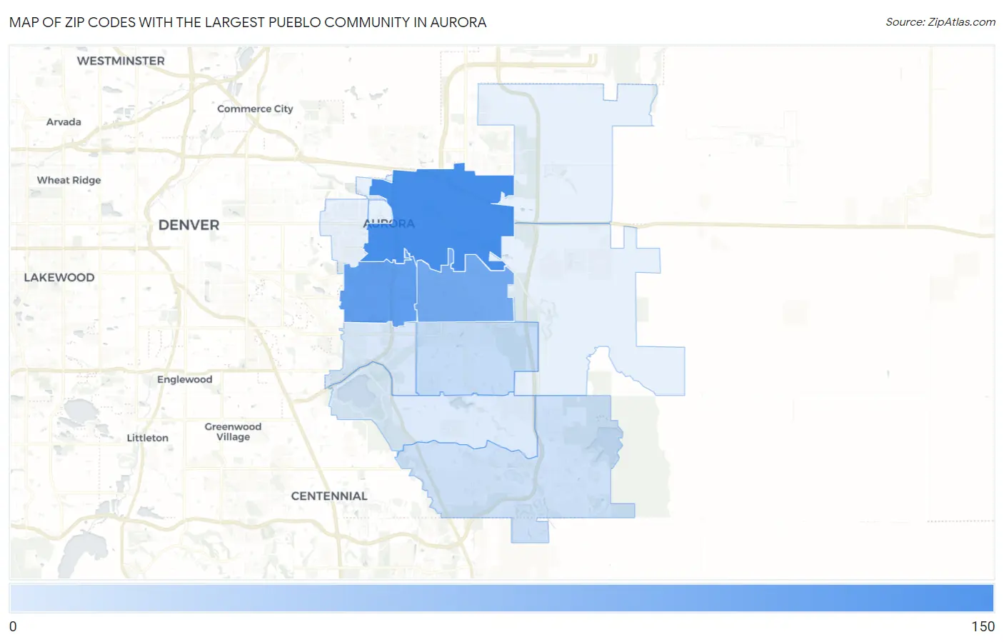 Zip Codes with the Largest Pueblo Community in Aurora Map