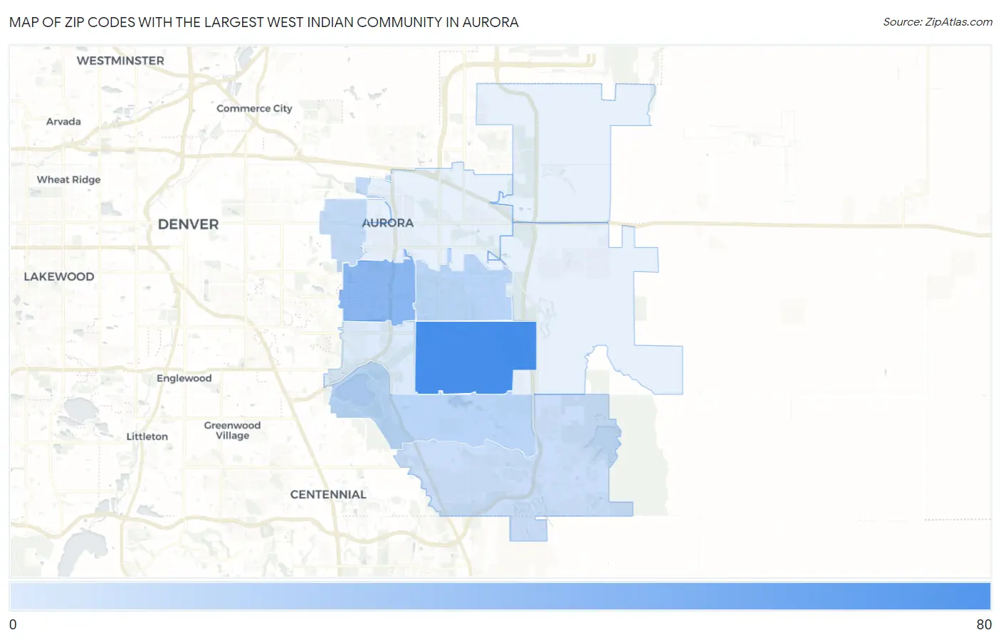 Zip Codes with the Largest West Indian Community in Aurora Map