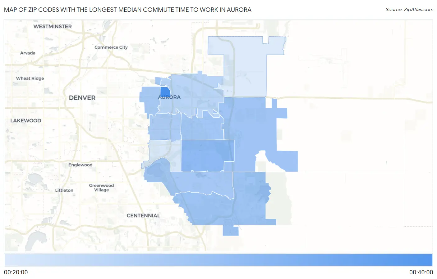 Zip Codes with the Longest Median Commute Time to Work in Aurora Map