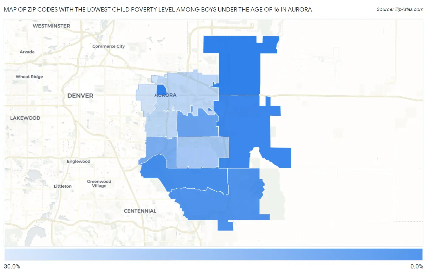 Zip Codes with the Lowest Child Poverty Level Among Boys Under the Age of 16 in Aurora Map