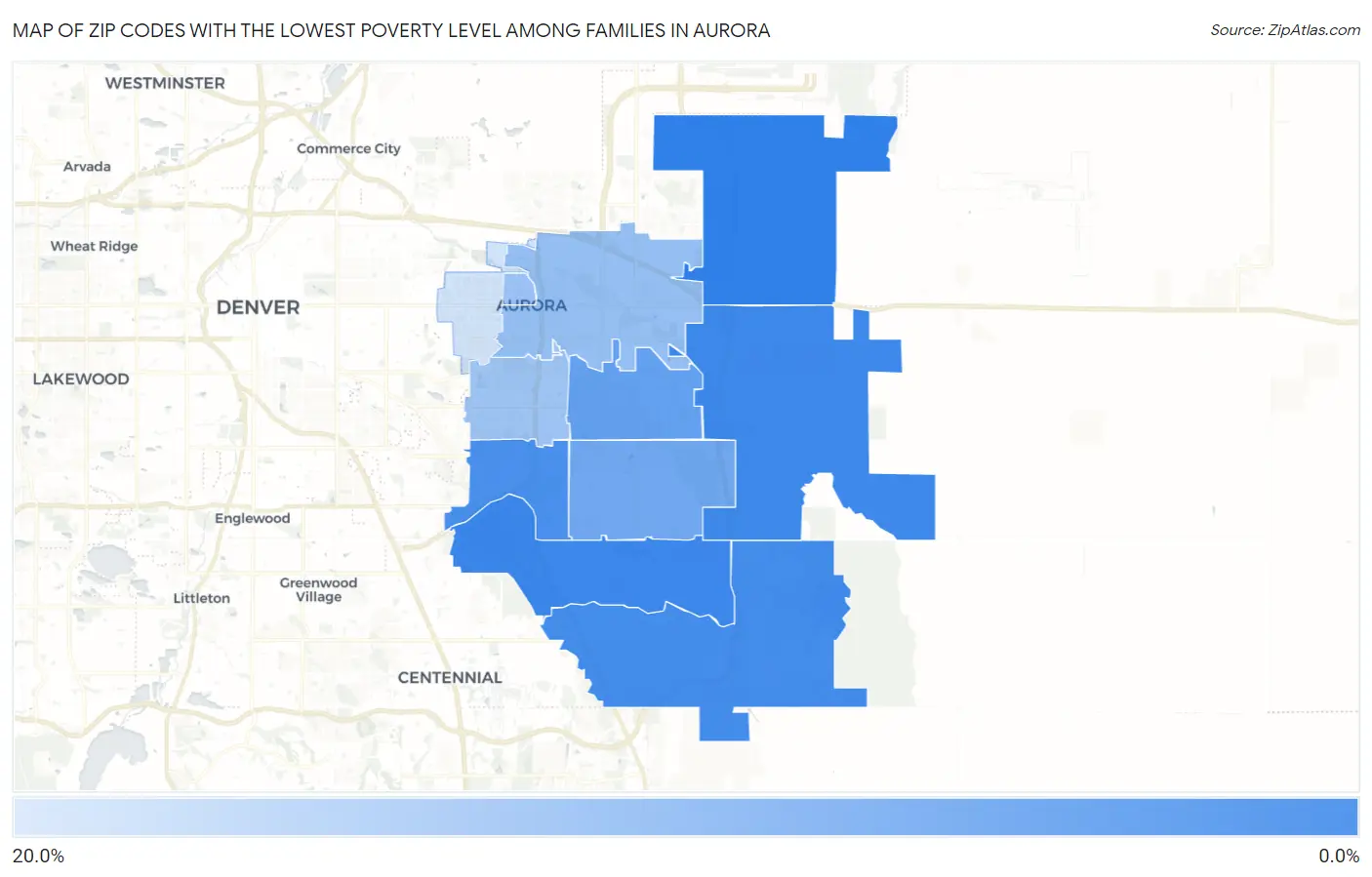 Zip Codes with the Lowest Poverty Level Among Families in Aurora Map
