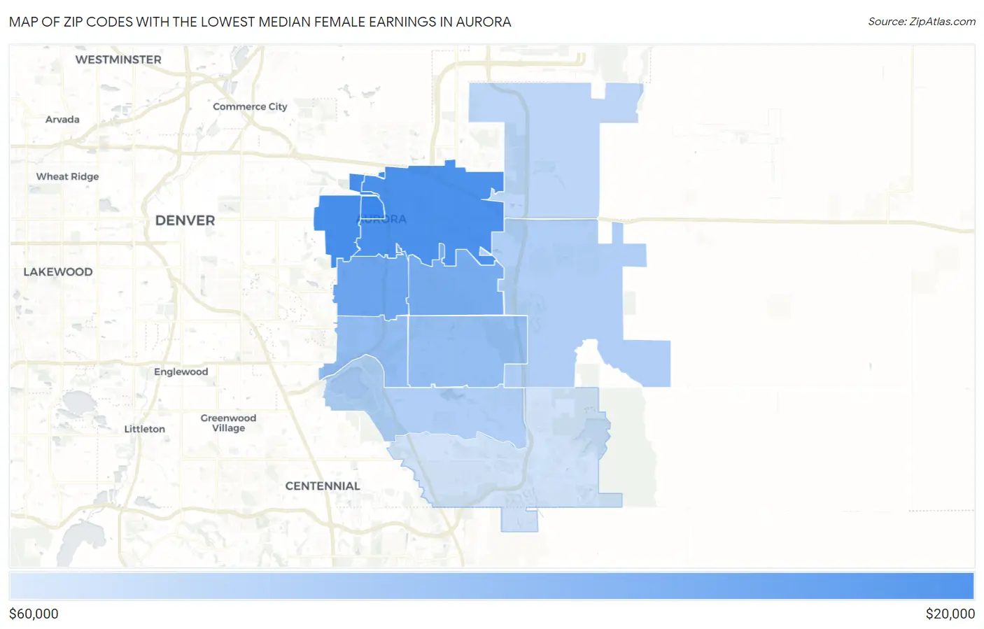 Zip Codes with the Lowest Median Female Earnings in Aurora Map