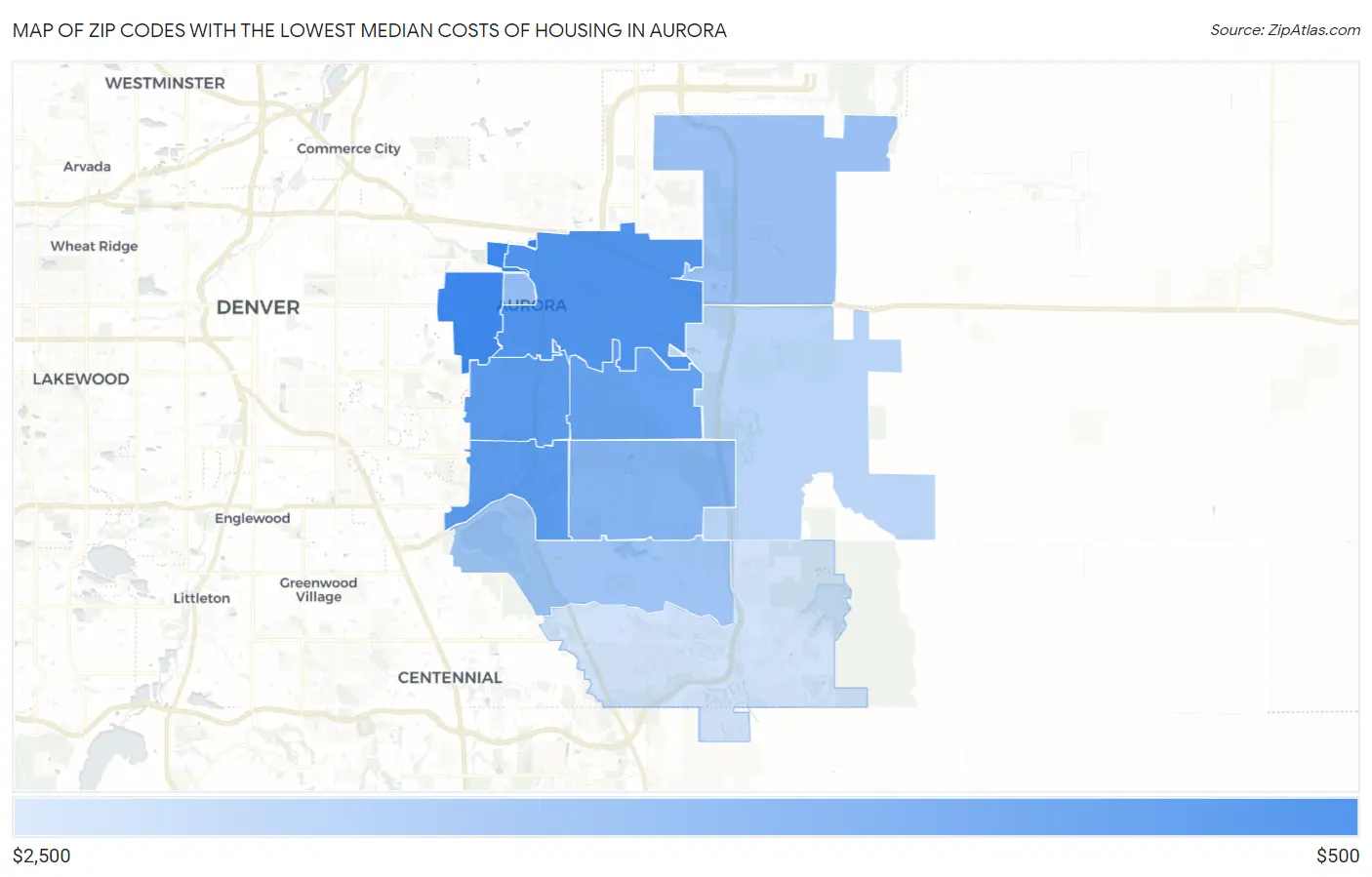 Zip Codes with the Lowest Median Costs of Housing in Aurora Map