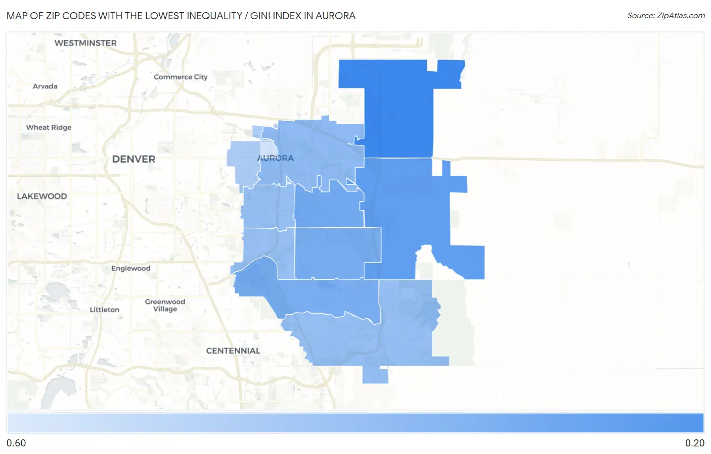 Zip Codes with the Lowest Inequality / Gini Index in Aurora Map
