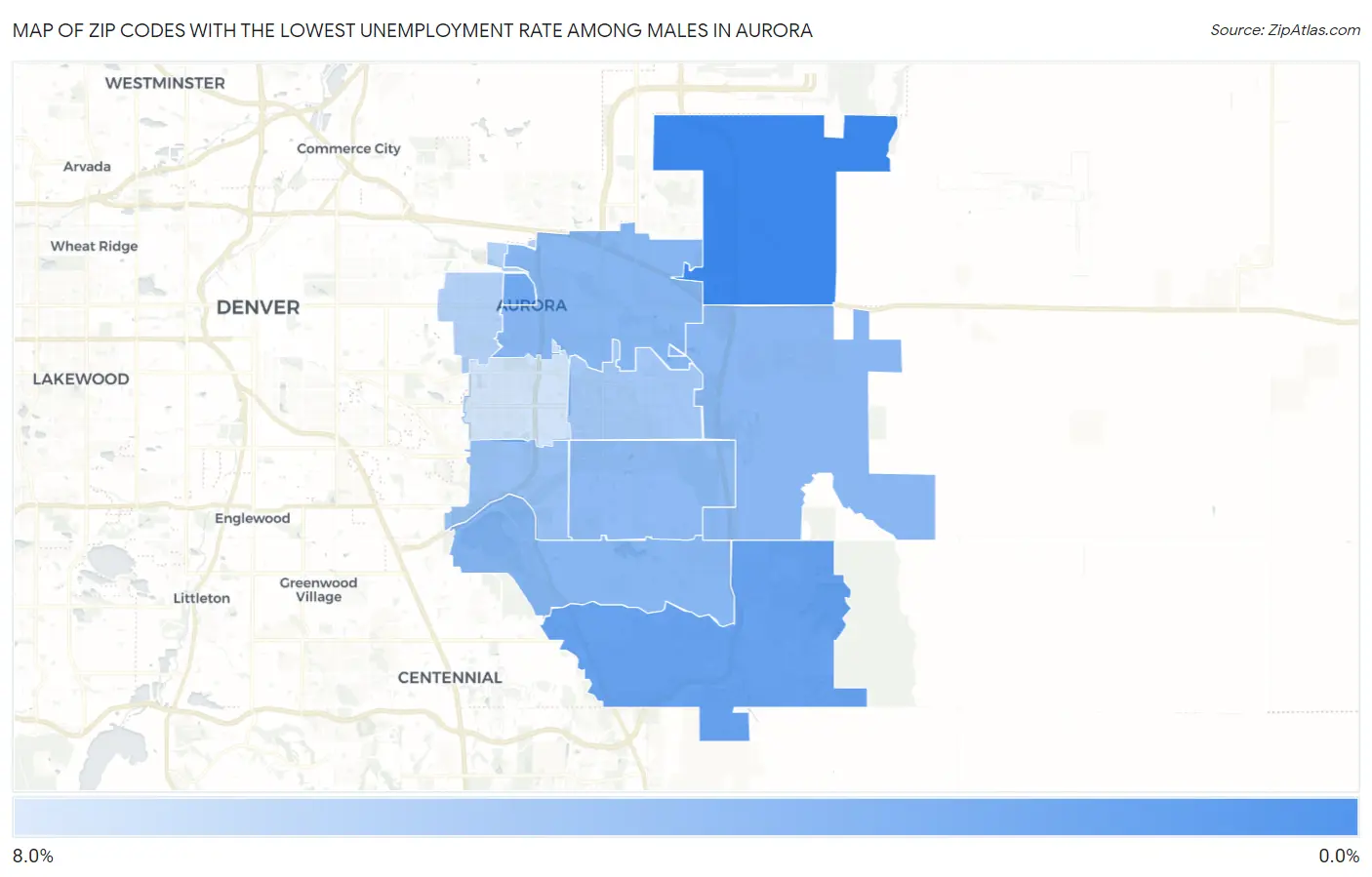 Zip Codes with the Lowest Unemployment Rate Among Males in Aurora Map