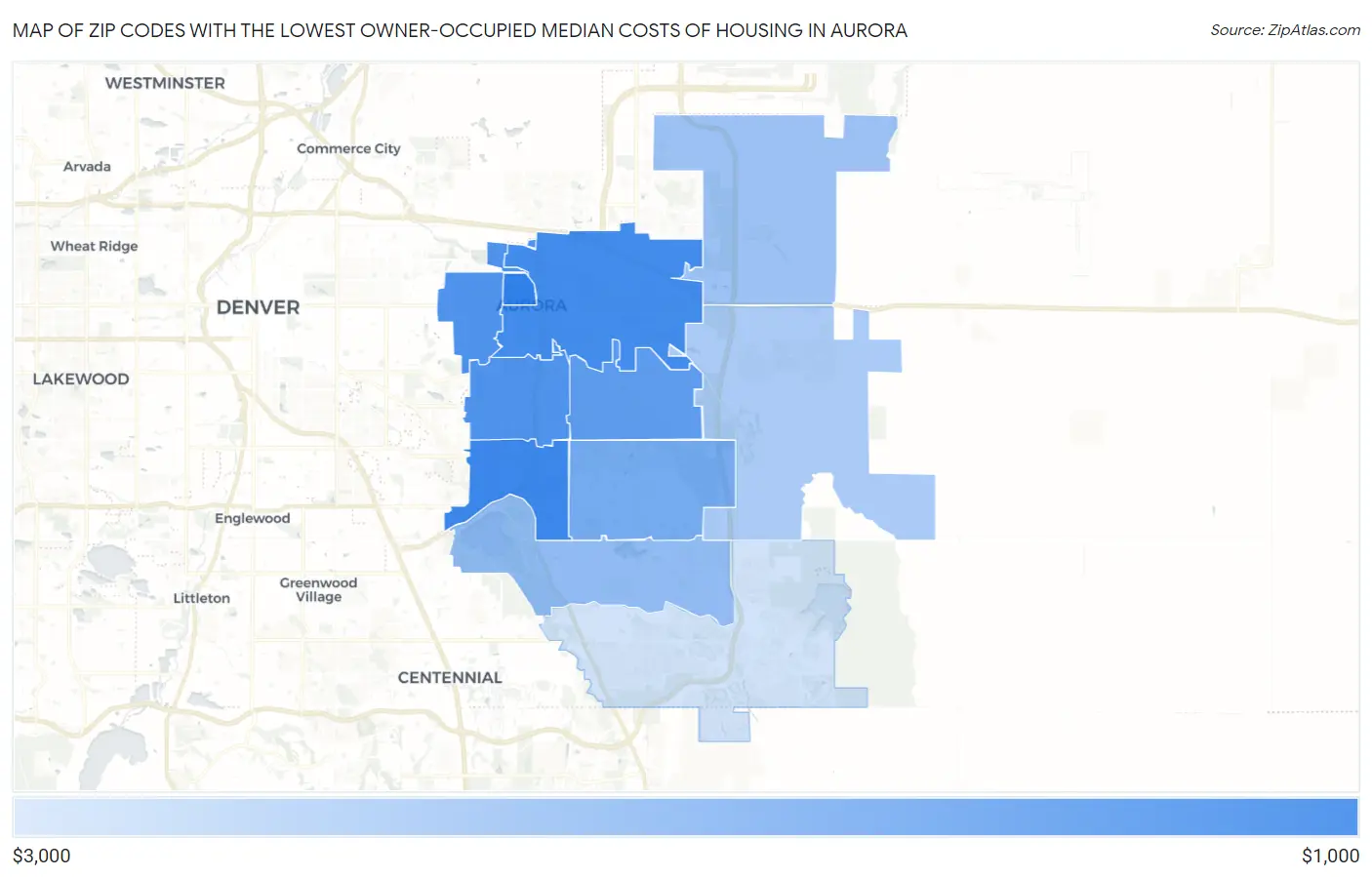 Zip Codes with the Lowest Owner-Occupied Median Costs of Housing in Aurora Map