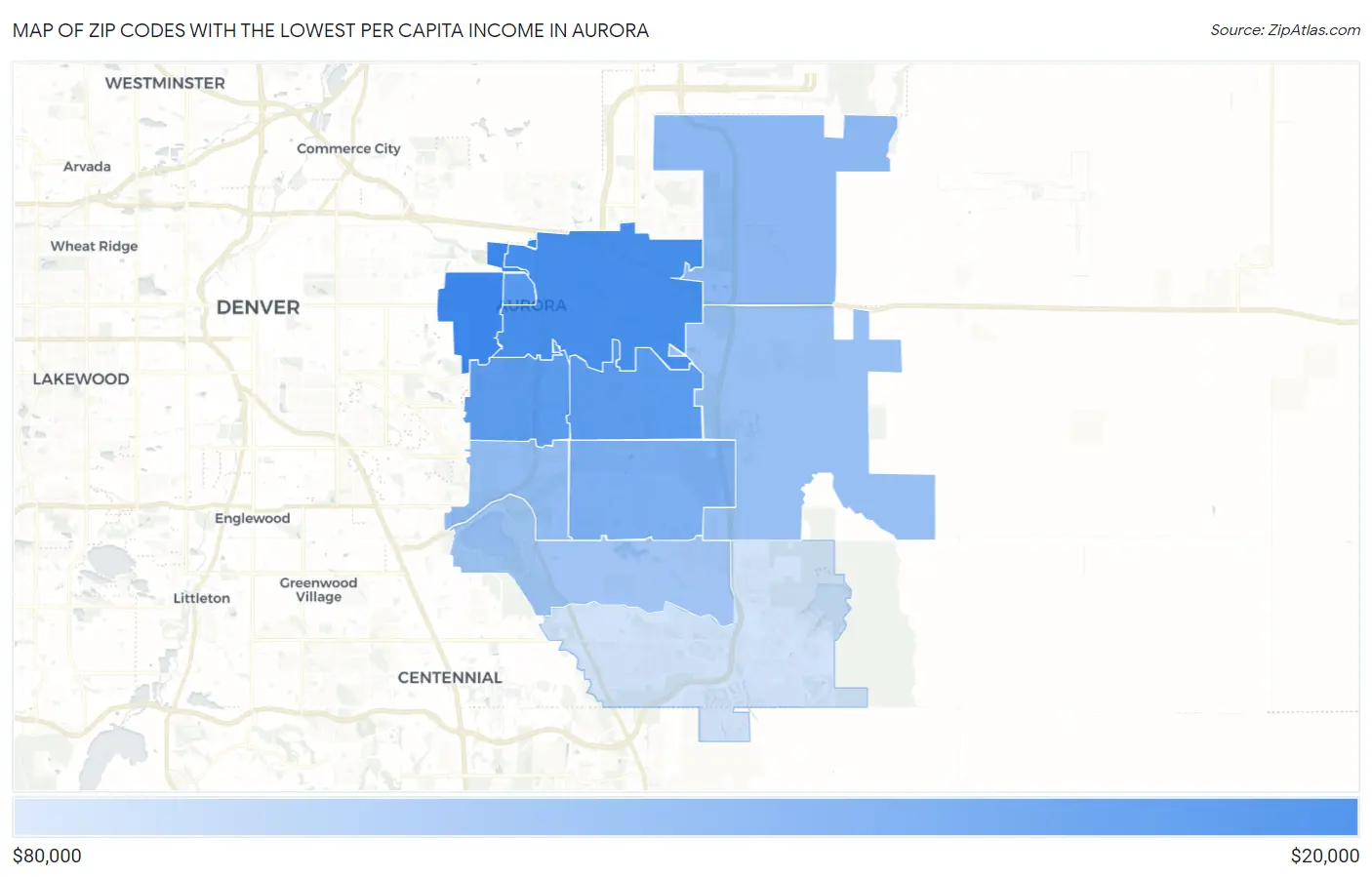 Zip Codes with the Lowest Per Capita Income in Aurora Map