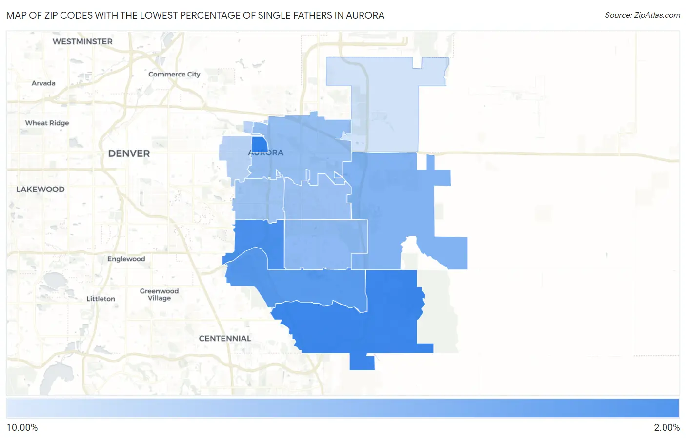 Zip Codes with the Lowest Percentage of Single Fathers in Aurora Map