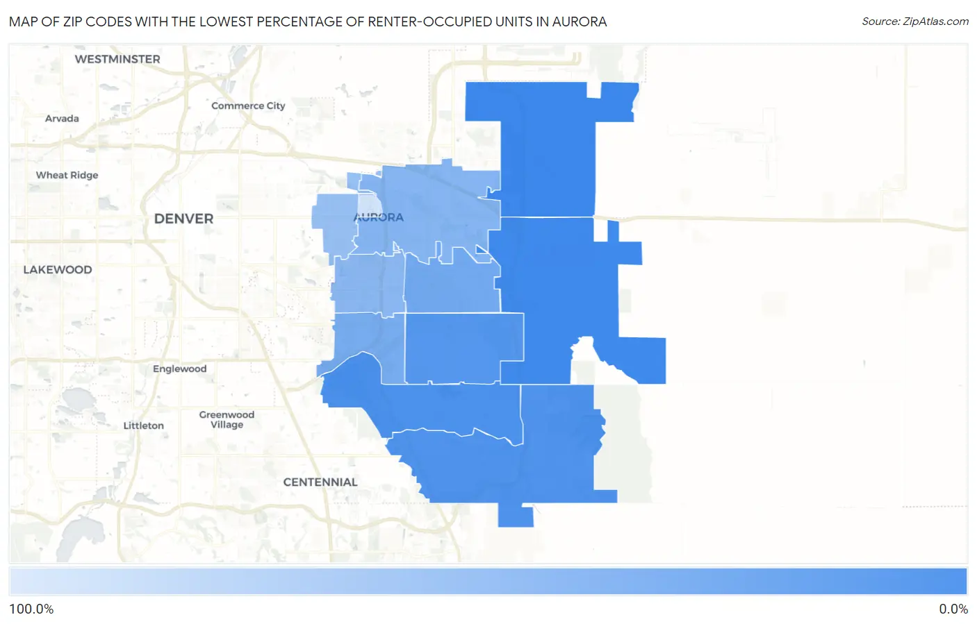 Zip Codes with the Lowest Percentage of Renter-Occupied Units in Aurora Map