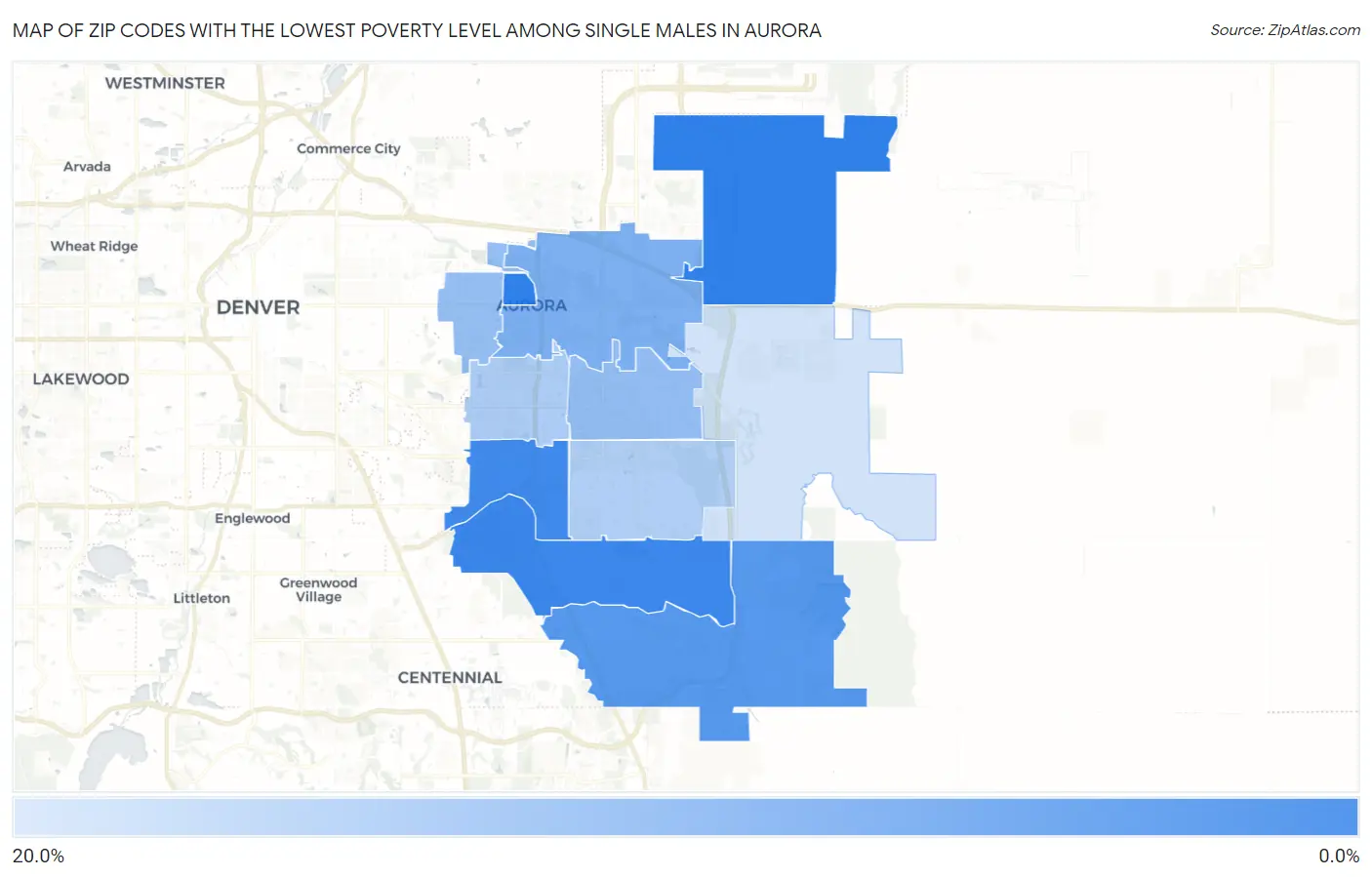 Zip Codes with the Lowest Poverty Level Among Single Males in Aurora Map