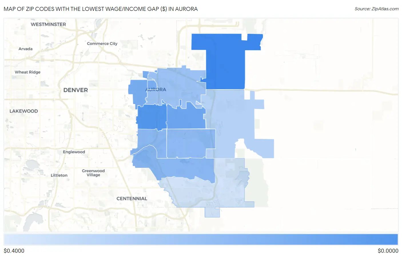 Zip Codes with the Lowest Wage/Income Gap ($) in Aurora Map