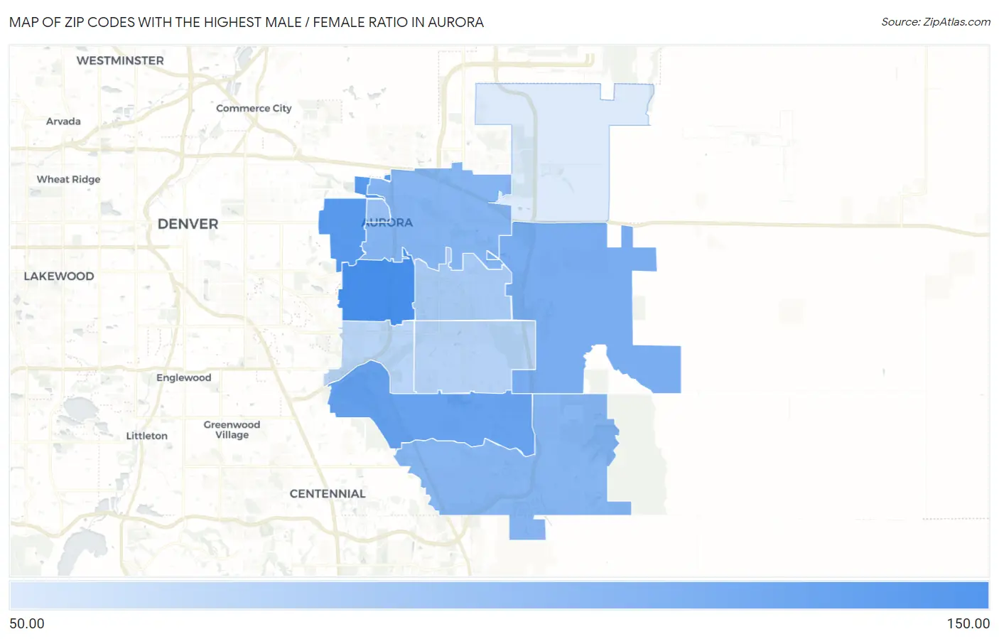Zip Codes with the Highest Male / Female Ratio in Aurora Map