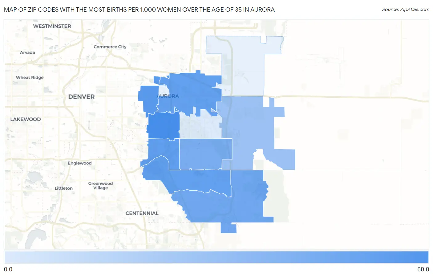 Zip Codes with the Most Births per 1,000 Women Over the Age of 35 in Aurora Map