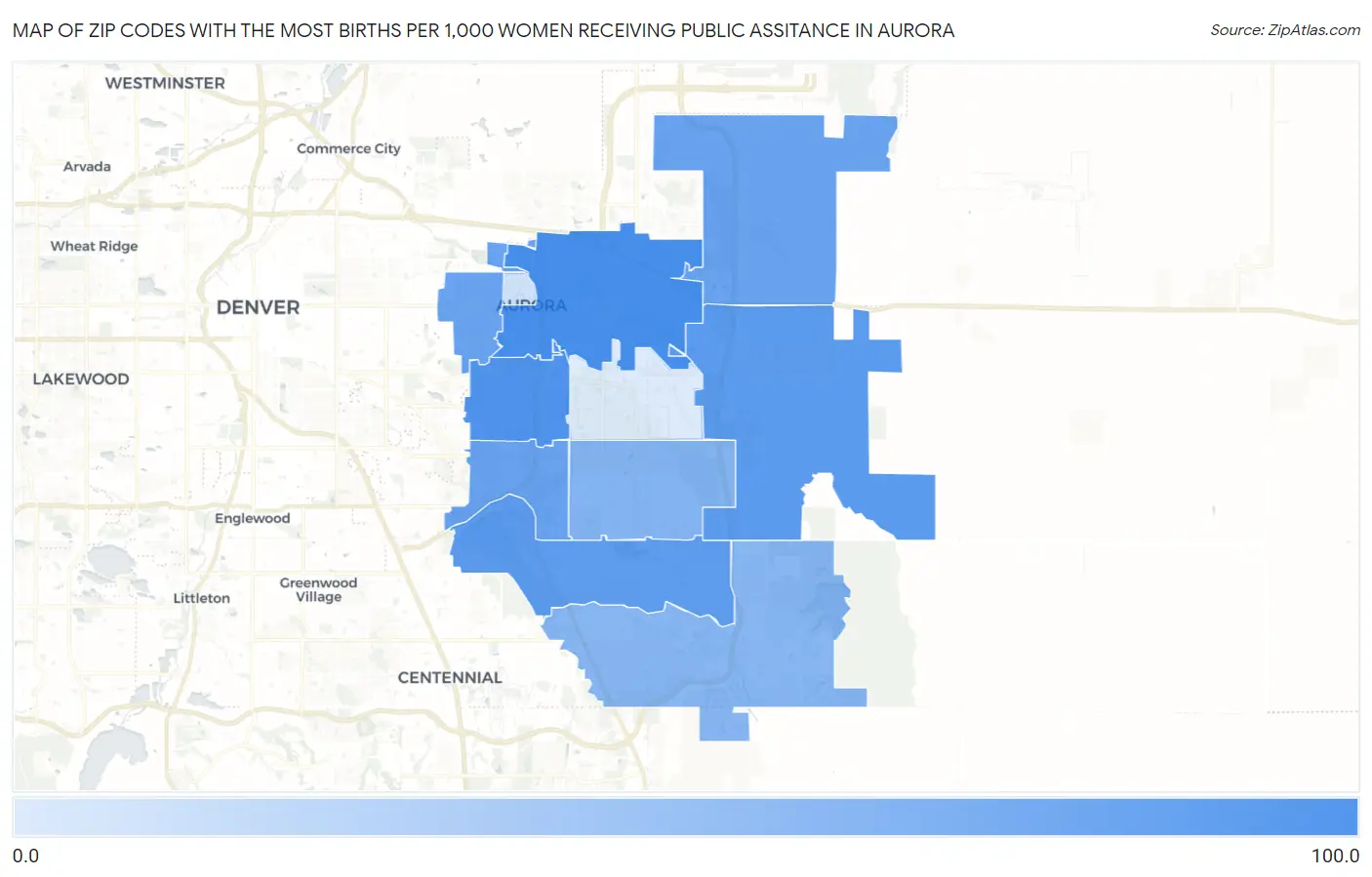 Zip Codes with the Most Births per 1,000 Women Receiving Public Assitance in Aurora Map