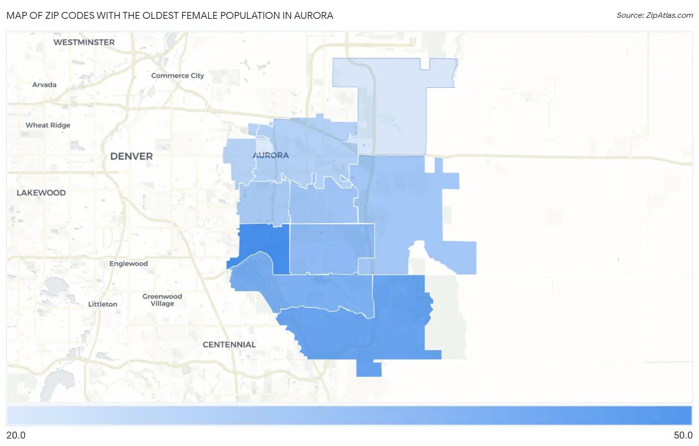 Zip Codes with the Oldest Female Population in Aurora Map