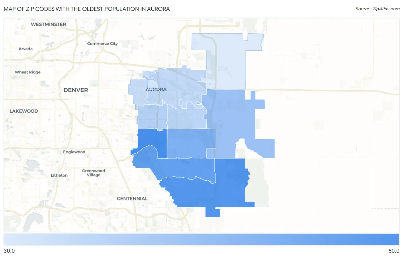 Zip Codes with the Oldest Population in Aurora Map