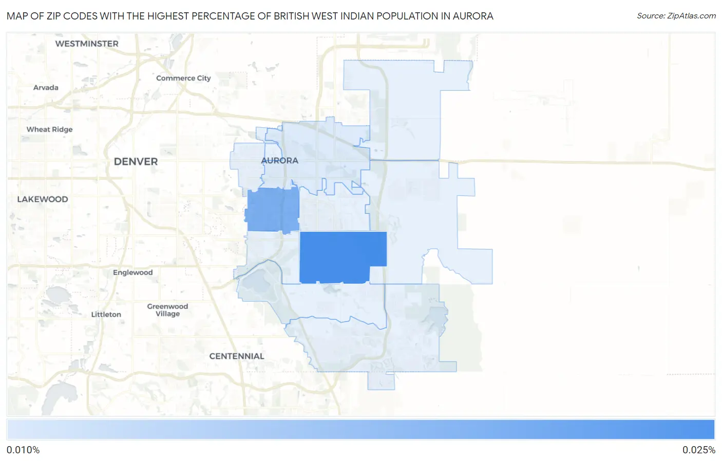 Zip Codes with the Highest Percentage of British West Indian Population in Aurora Map