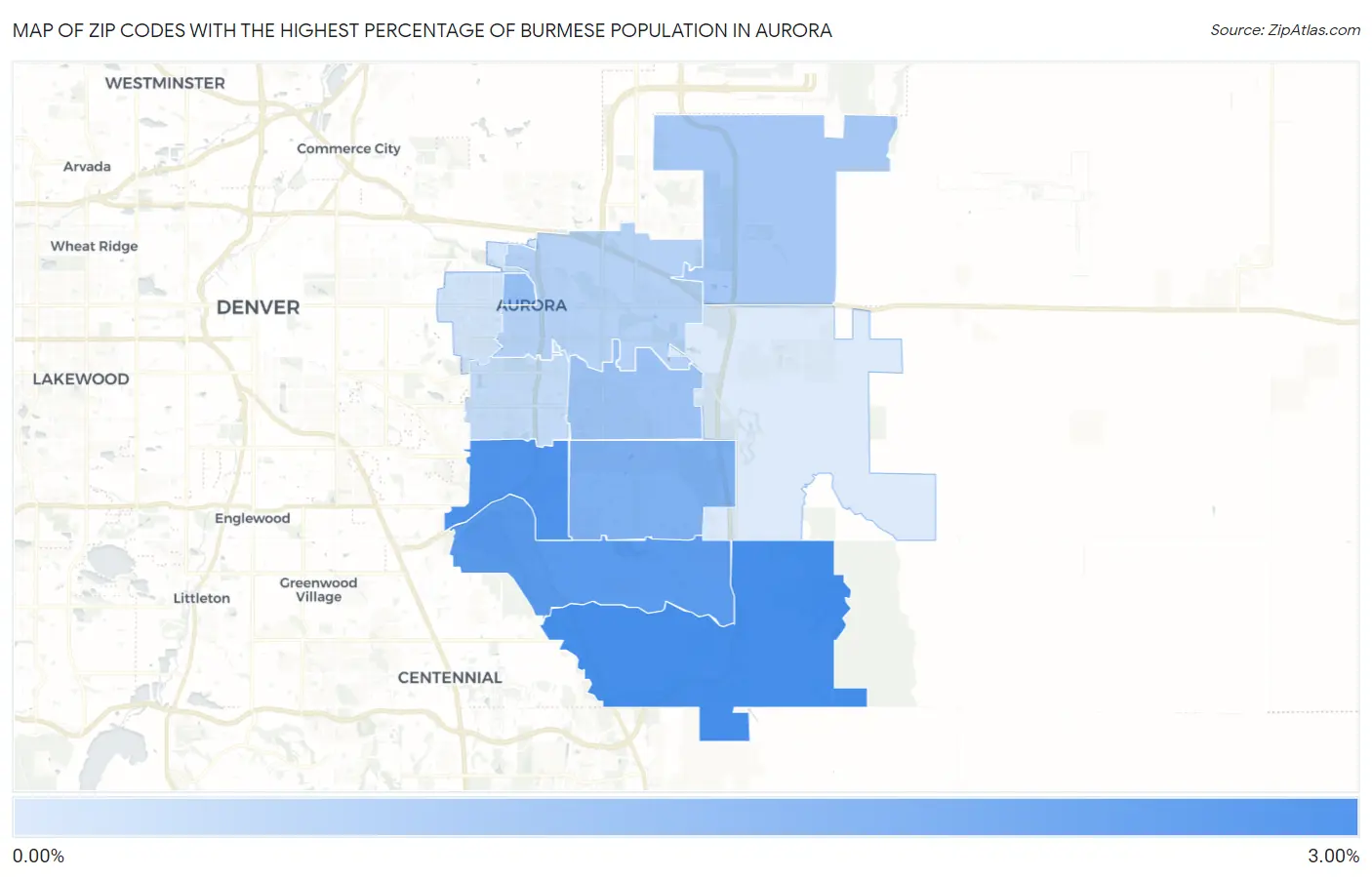 Zip Codes with the Highest Percentage of Burmese Population in Aurora Map