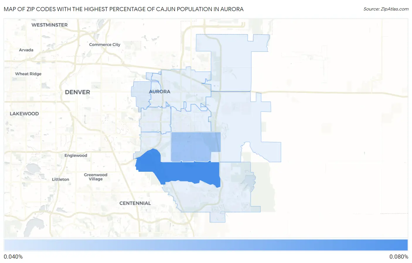 Zip Codes with the Highest Percentage of Cajun Population in Aurora Map