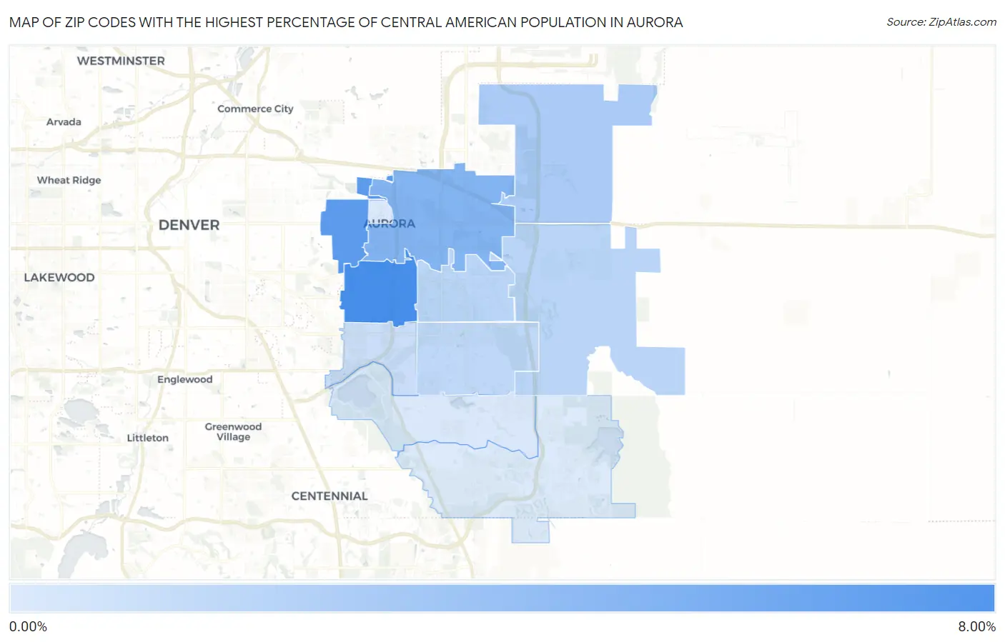 Zip Codes with the Highest Percentage of Central American Population in Aurora Map