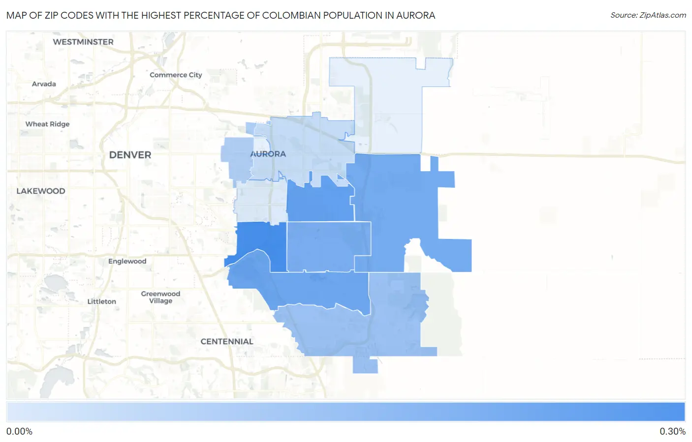 Zip Codes with the Highest Percentage of Colombian Population in Aurora Map