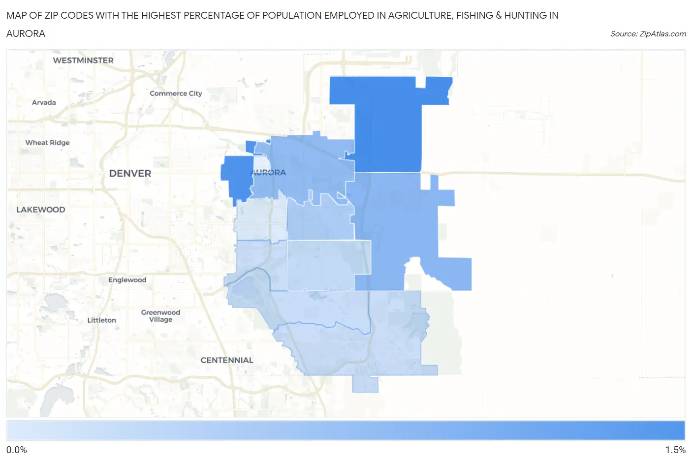 Zip Codes with the Highest Percentage of Population Employed in Agriculture, Fishing & Hunting in Aurora Map
