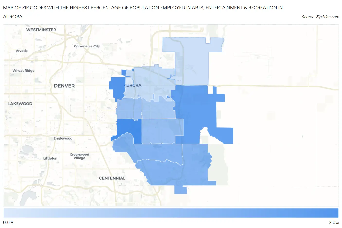 Zip Codes with the Highest Percentage of Population Employed in Arts, Entertainment & Recreation in Aurora Map