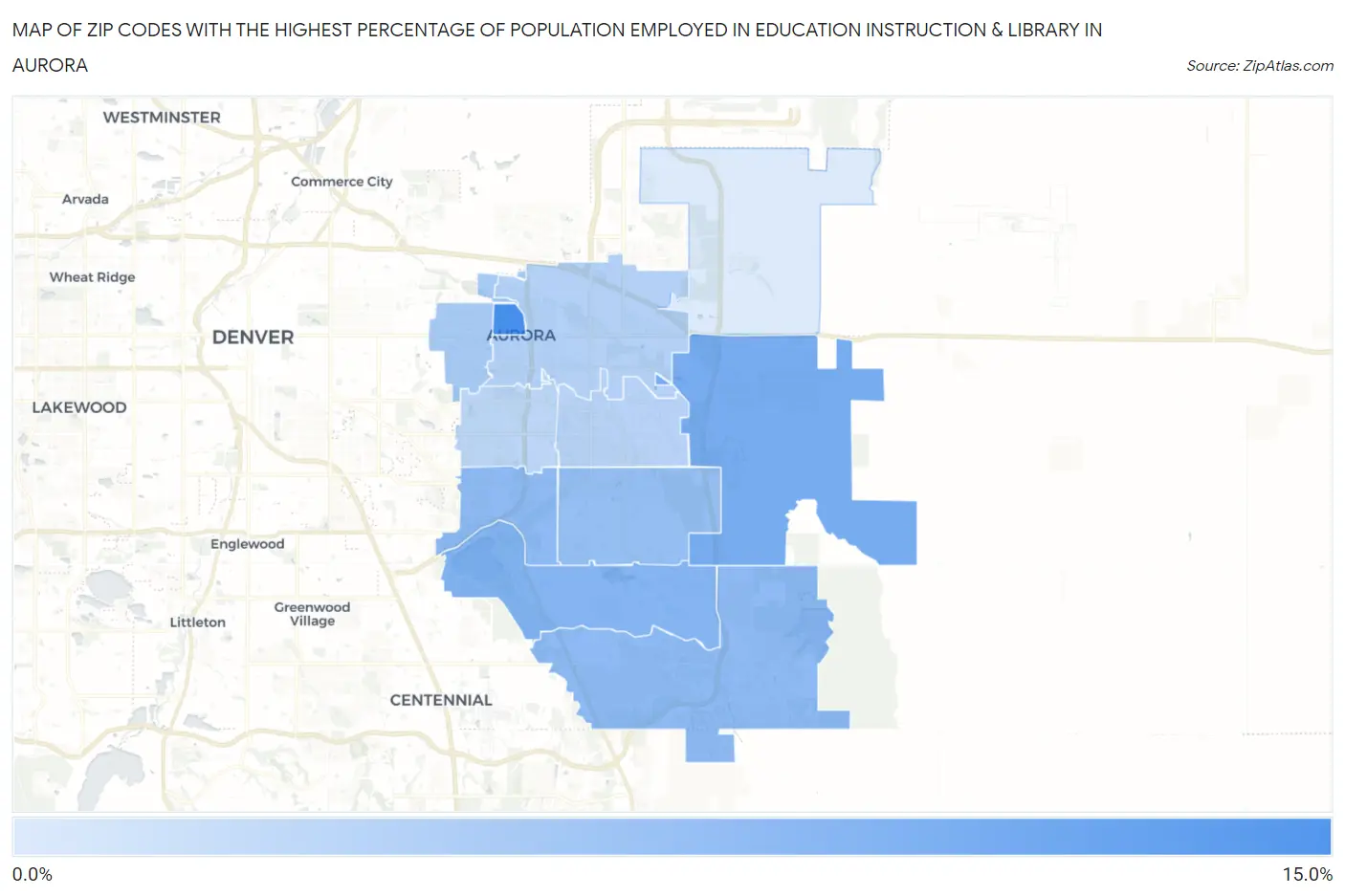 Zip Codes with the Highest Percentage of Population Employed in Education Instruction & Library in Aurora Map