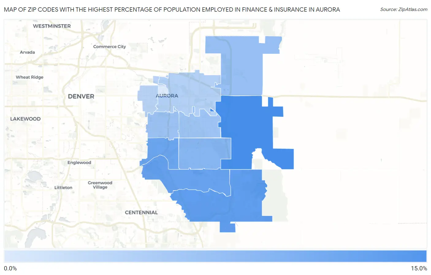 Zip Codes with the Highest Percentage of Population Employed in Finance & Insurance in Aurora Map