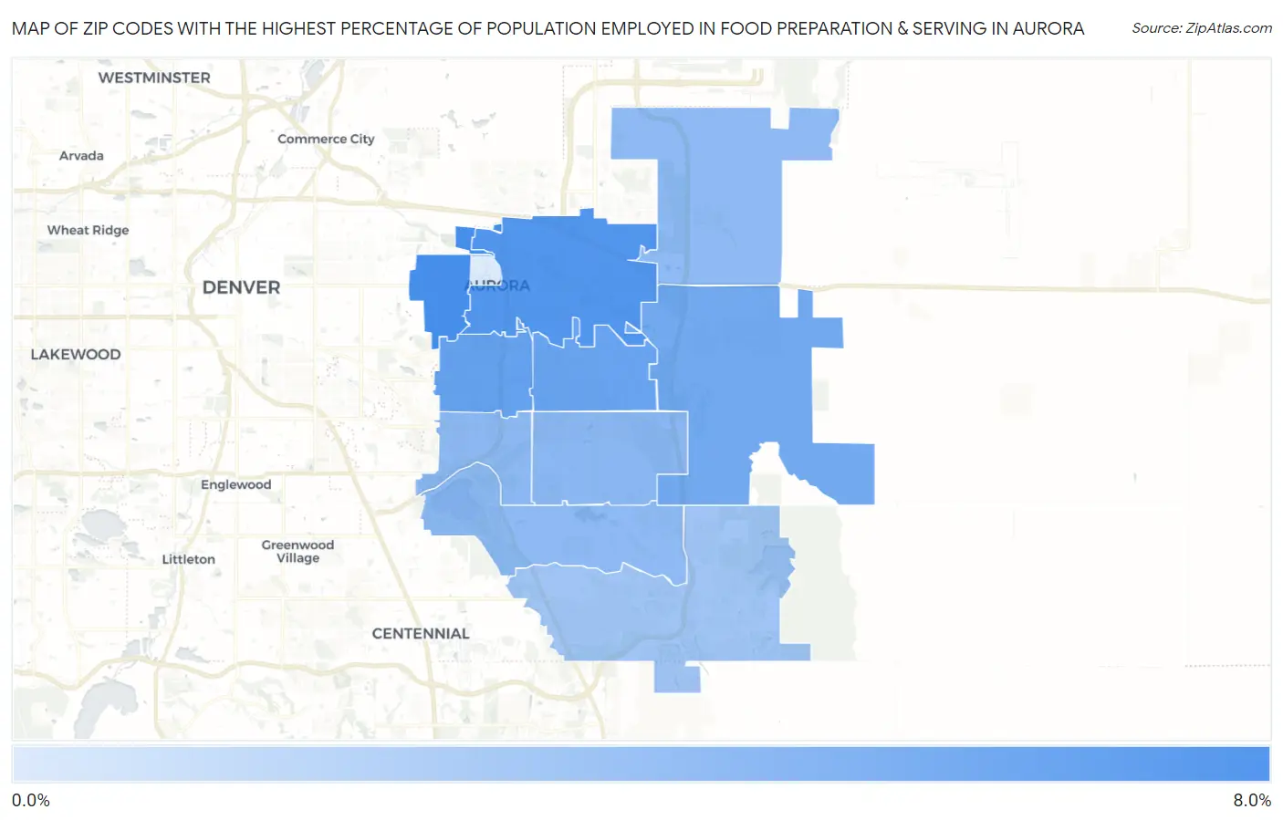 Zip Codes with the Highest Percentage of Population Employed in Food Preparation & Serving in Aurora Map