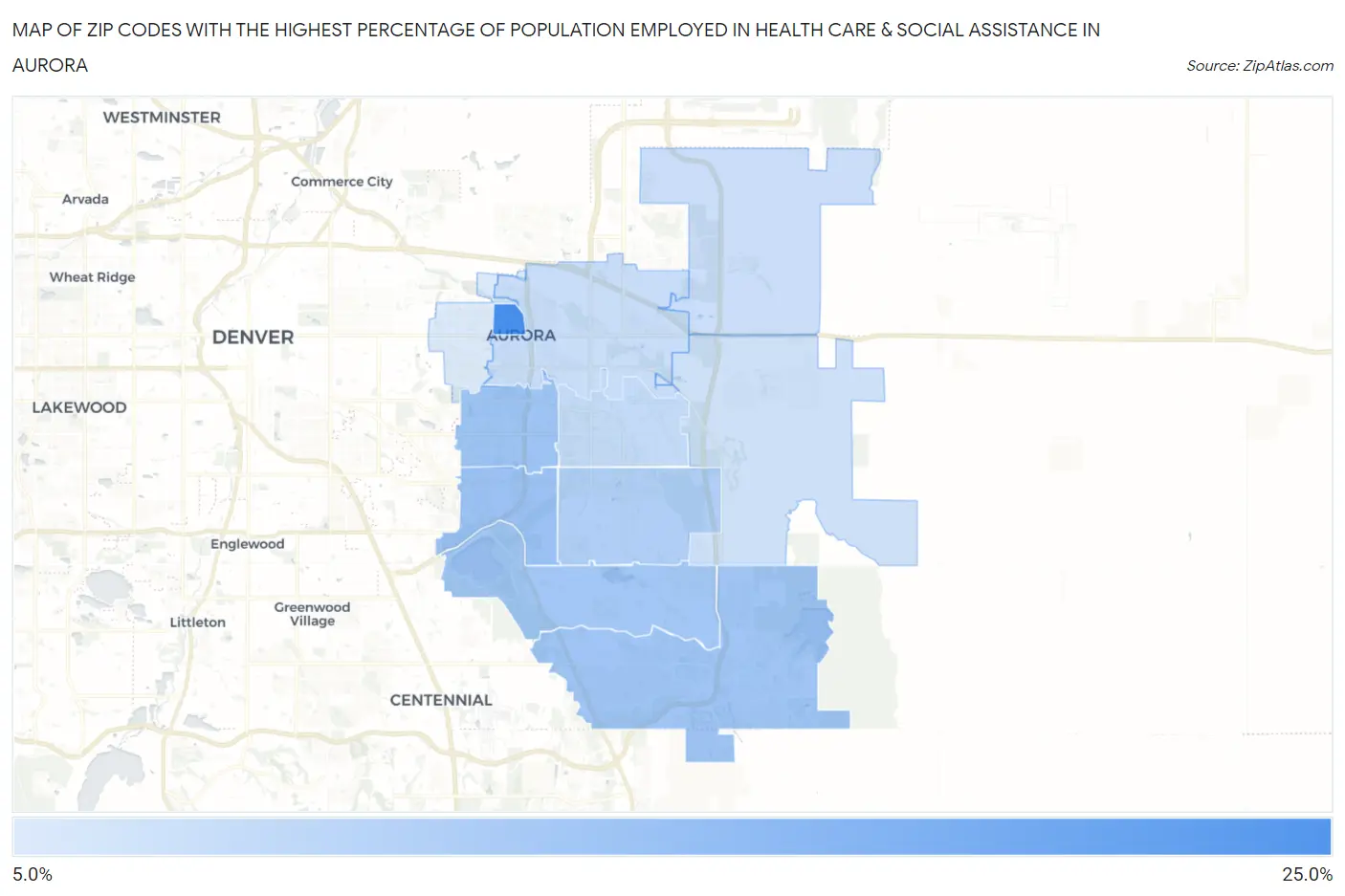 Zip Codes with the Highest Percentage of Population Employed in Health Care & Social Assistance in Aurora Map