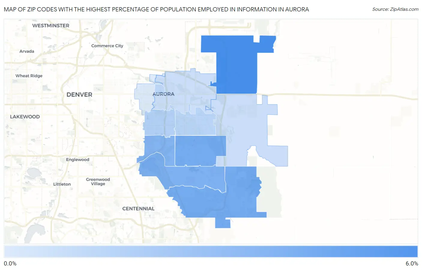 Zip Codes with the Highest Percentage of Population Employed in Information in Aurora Map