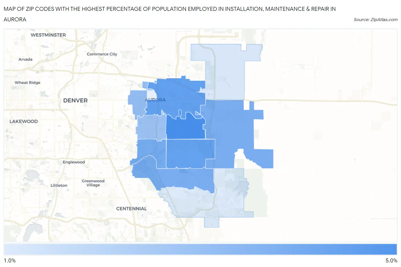 Zip Codes with the Highest Percentage of Population Employed in Installation, Maintenance & Repair in Aurora Map
