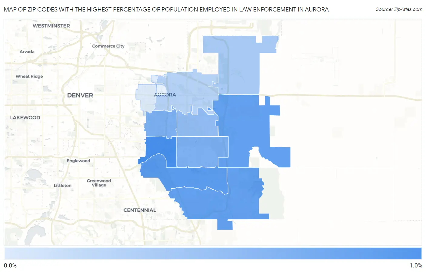 Zip Codes with the Highest Percentage of Population Employed in Law Enforcement in Aurora Map