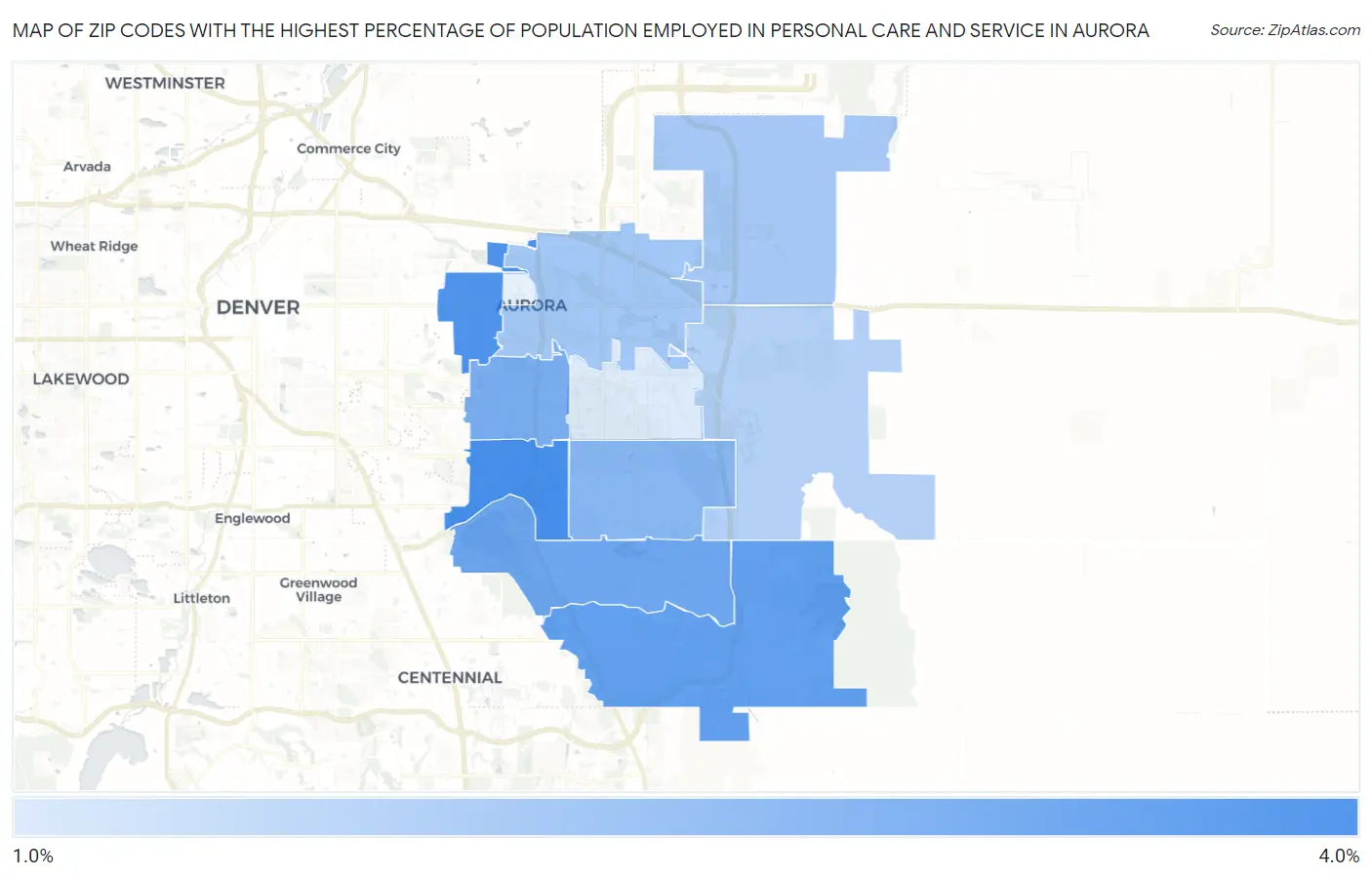 Zip Codes with the Highest Percentage of Population Employed in Personal Care and Service in Aurora Map