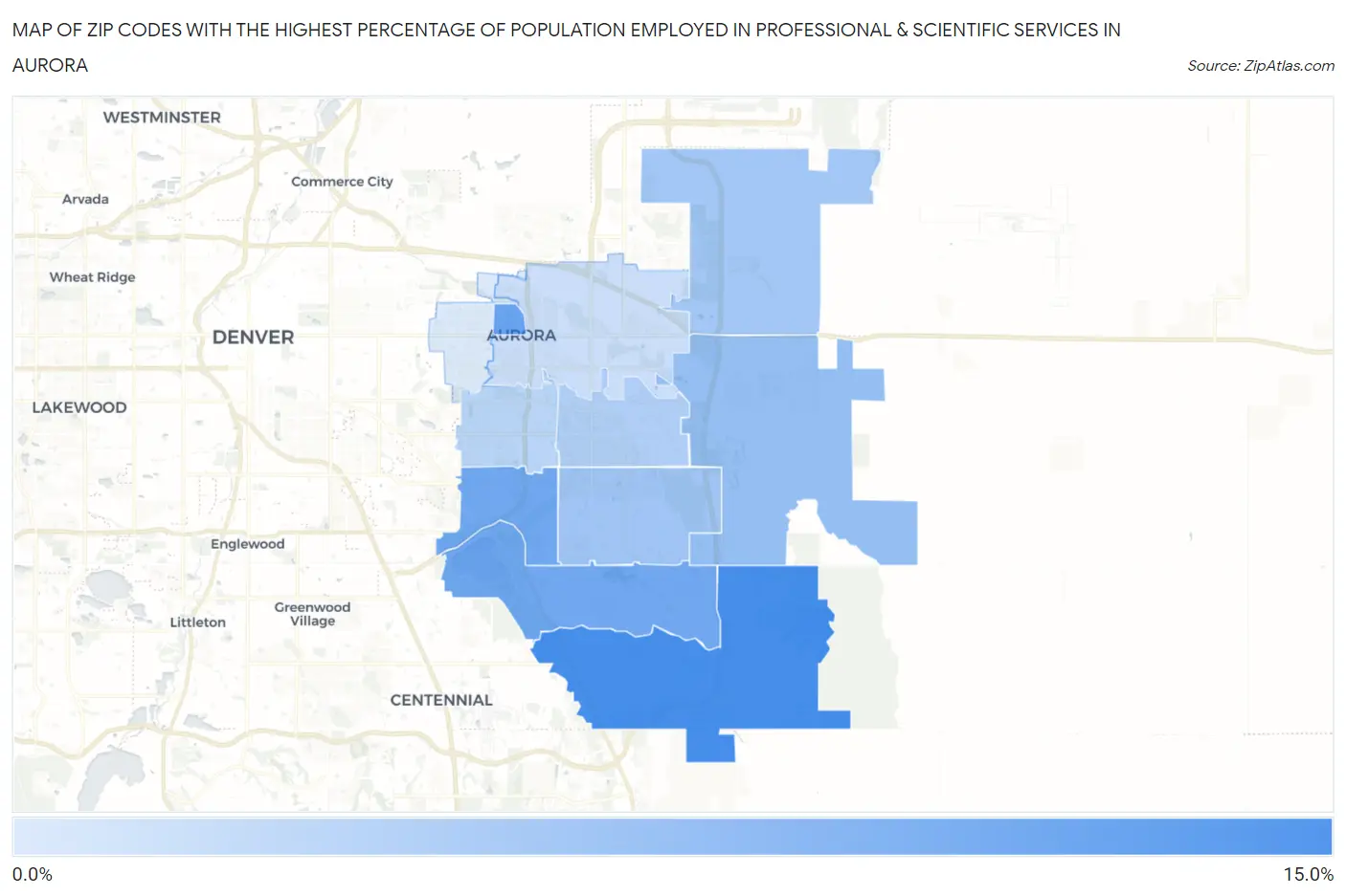 Zip Codes with the Highest Percentage of Population Employed in Professional & Scientific Services in Aurora Map