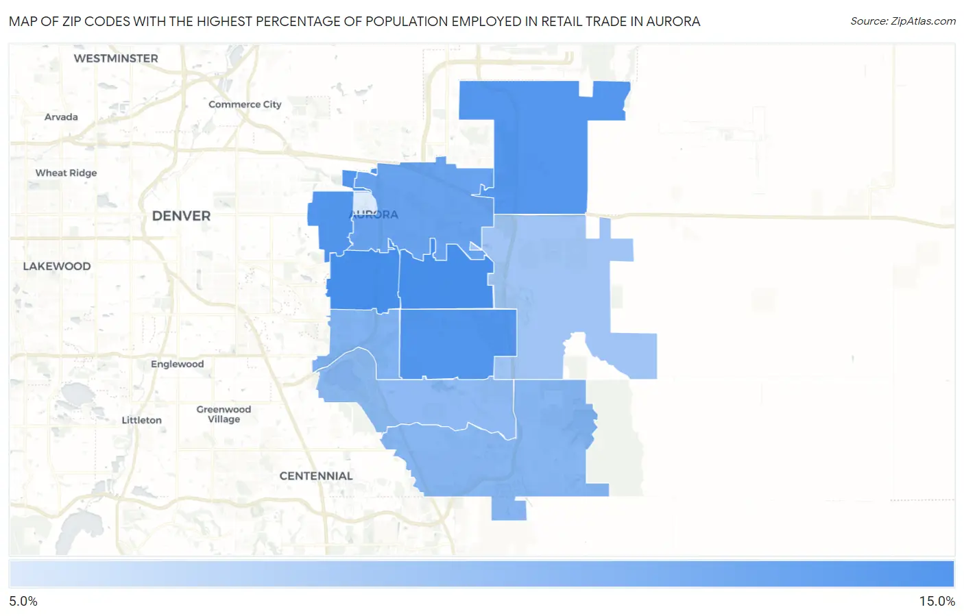 Zip Codes with the Highest Percentage of Population Employed in Retail Trade in Aurora Map