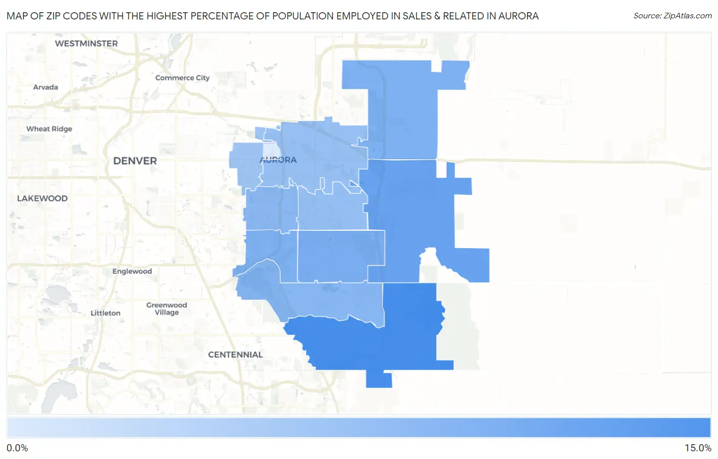 Zip Codes with the Highest Percentage of Population Employed in Sales & Related in Aurora Map