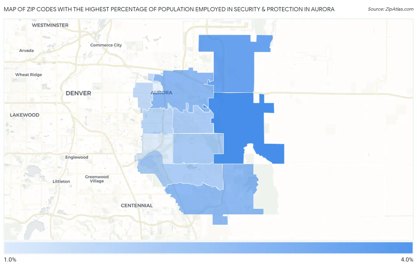 Zip Codes with the Highest Percentage of Population Employed in Security & Protection in Aurora Map