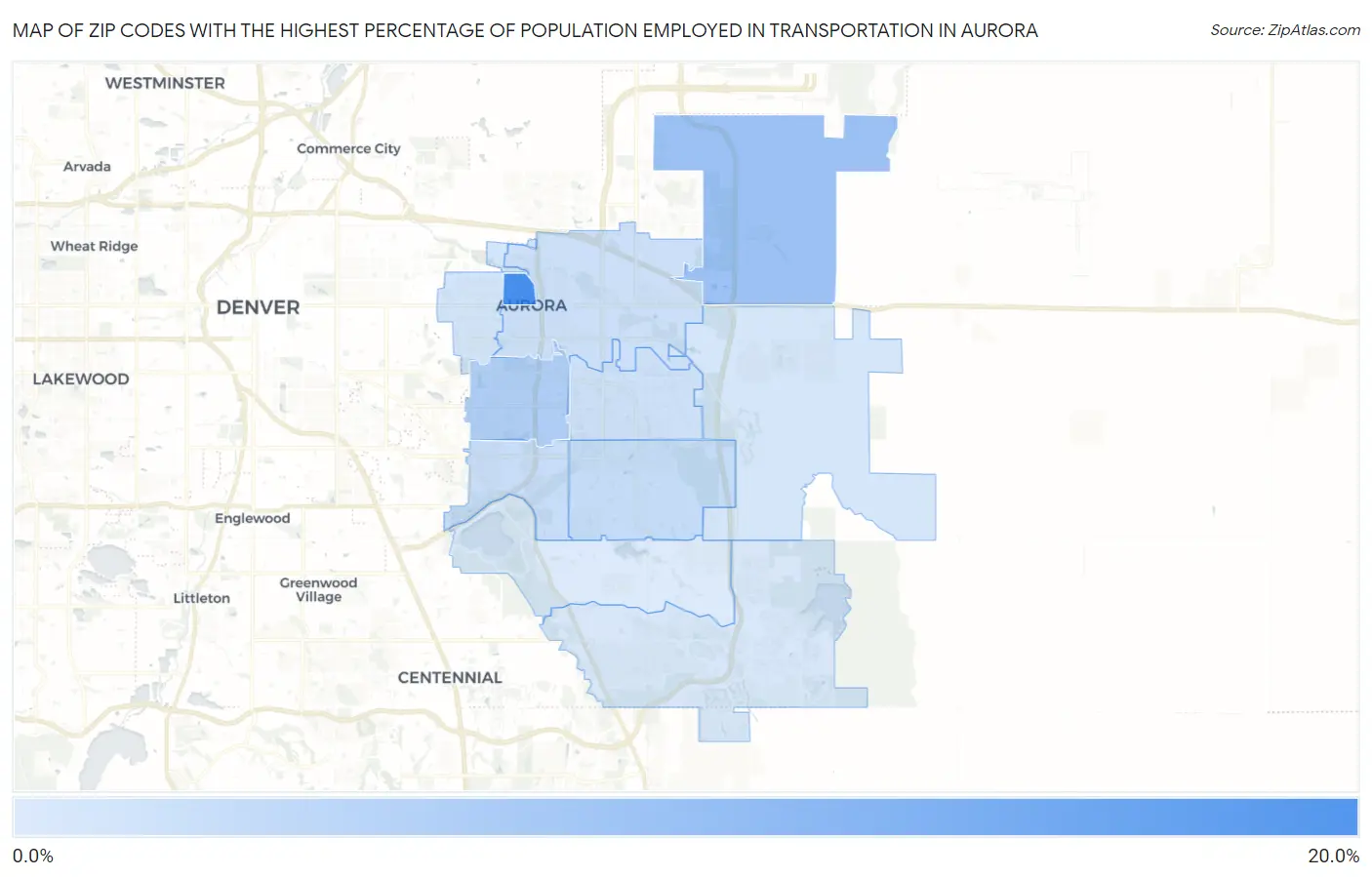 Zip Codes with the Highest Percentage of Population Employed in Transportation in Aurora Map