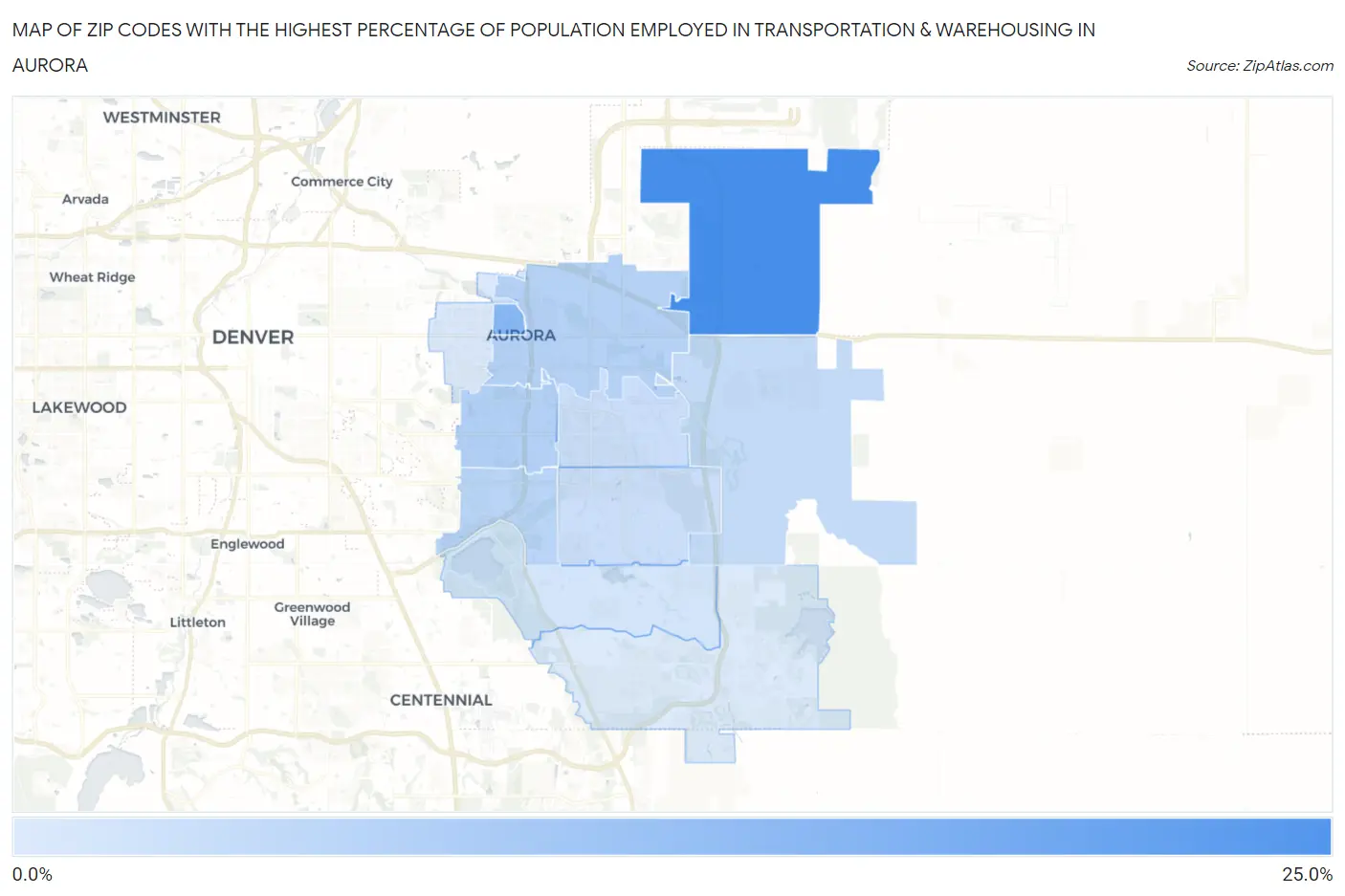 Zip Codes with the Highest Percentage of Population Employed in Transportation & Warehousing in Aurora Map