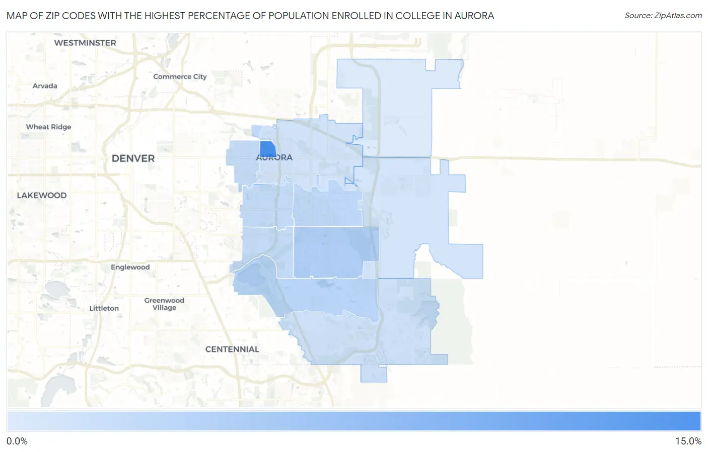 Zip Codes with the Highest Percentage of Population Enrolled in College in Aurora Map