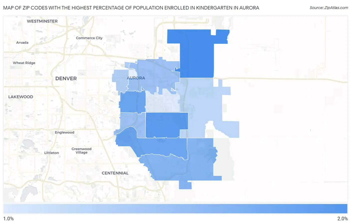 Zip Codes with the Highest Percentage of Population Enrolled in Kindergarten in Aurora Map