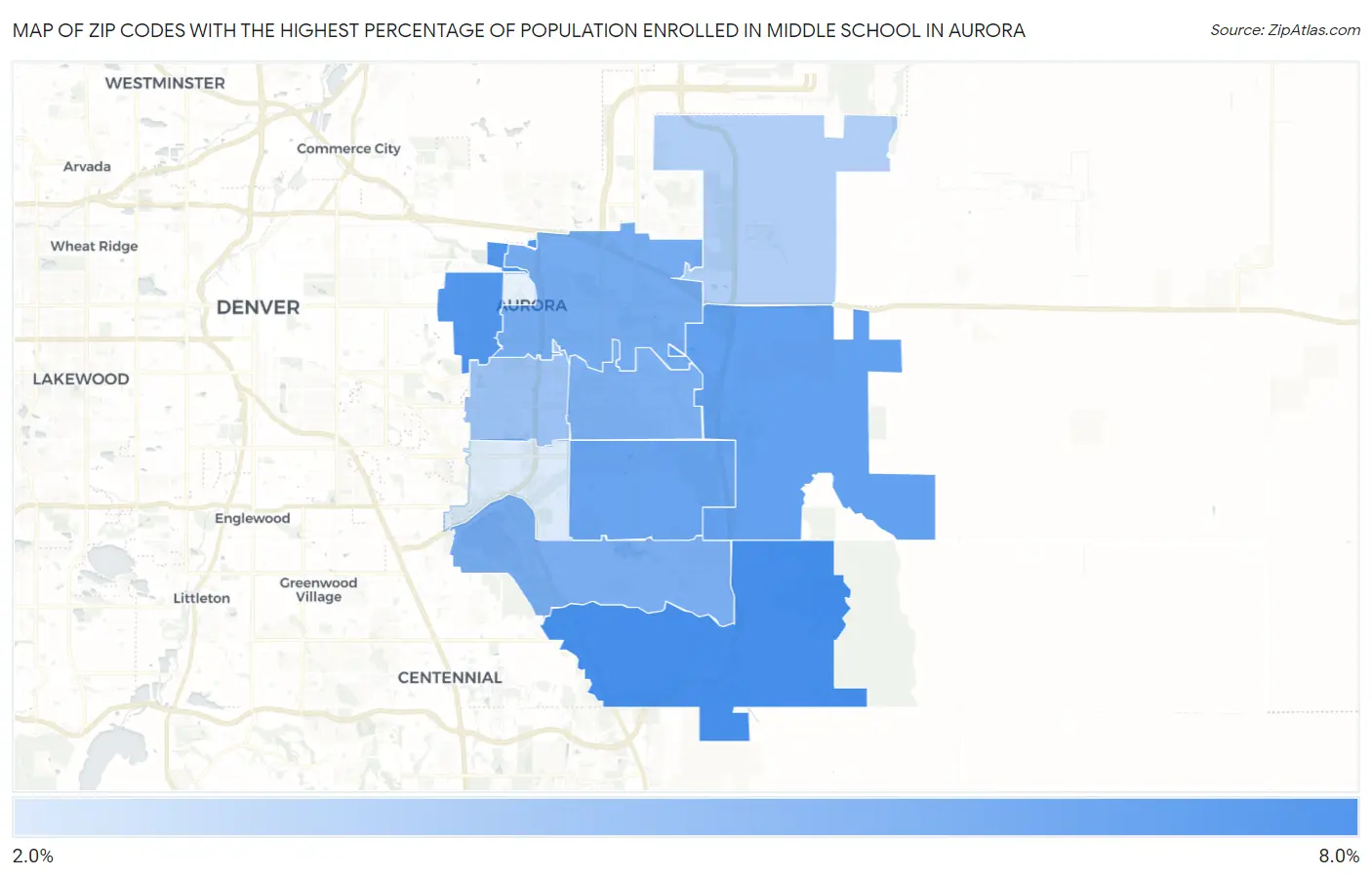 Zip Codes with the Highest Percentage of Population Enrolled in Middle School in Aurora Map