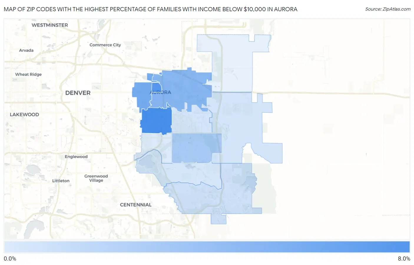 Zip Codes with the Highest Percentage of Families with Income Below $10,000 in Aurora Map