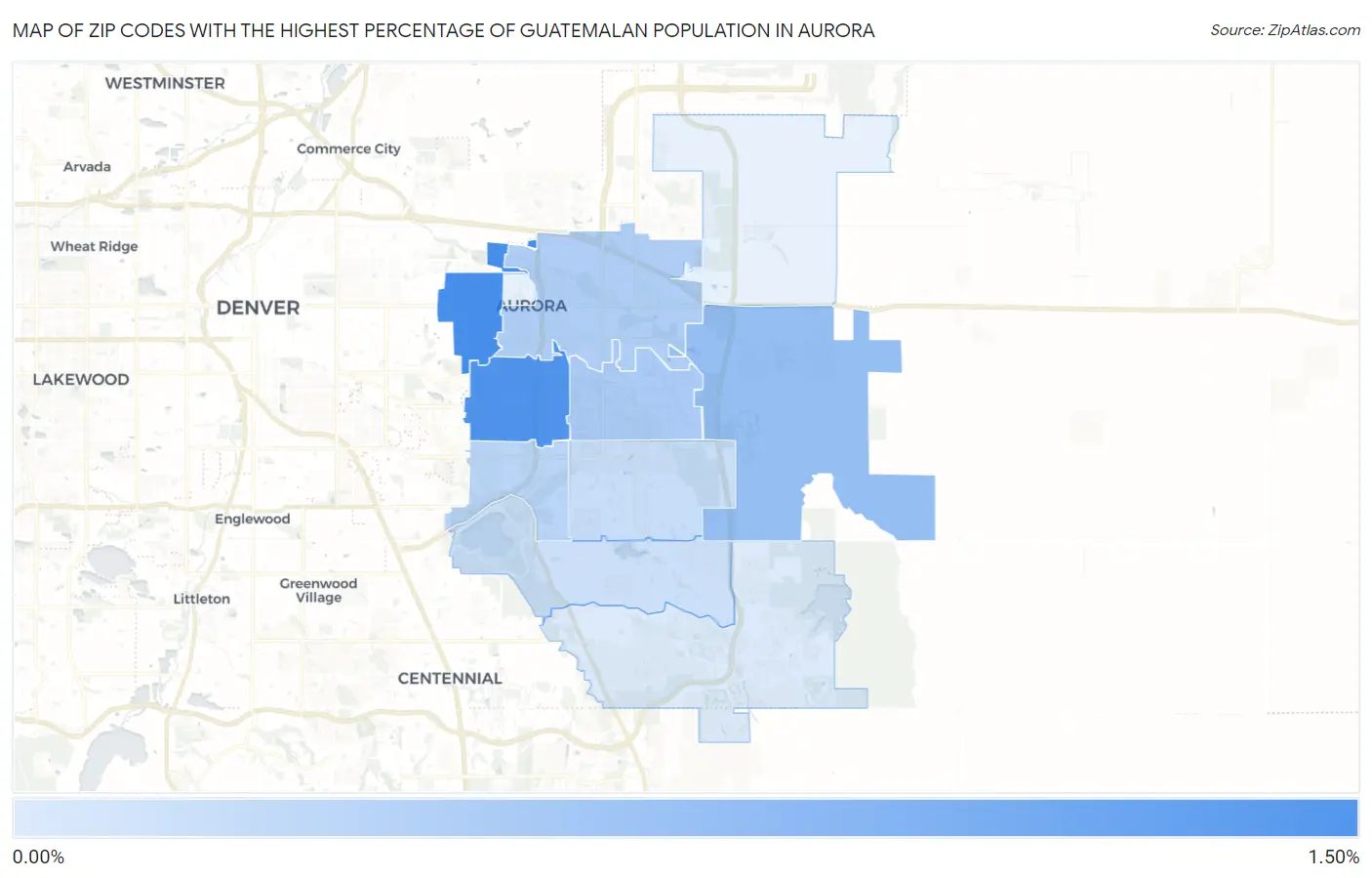Zip Codes with the Highest Percentage of Guatemalan Population in Aurora Map