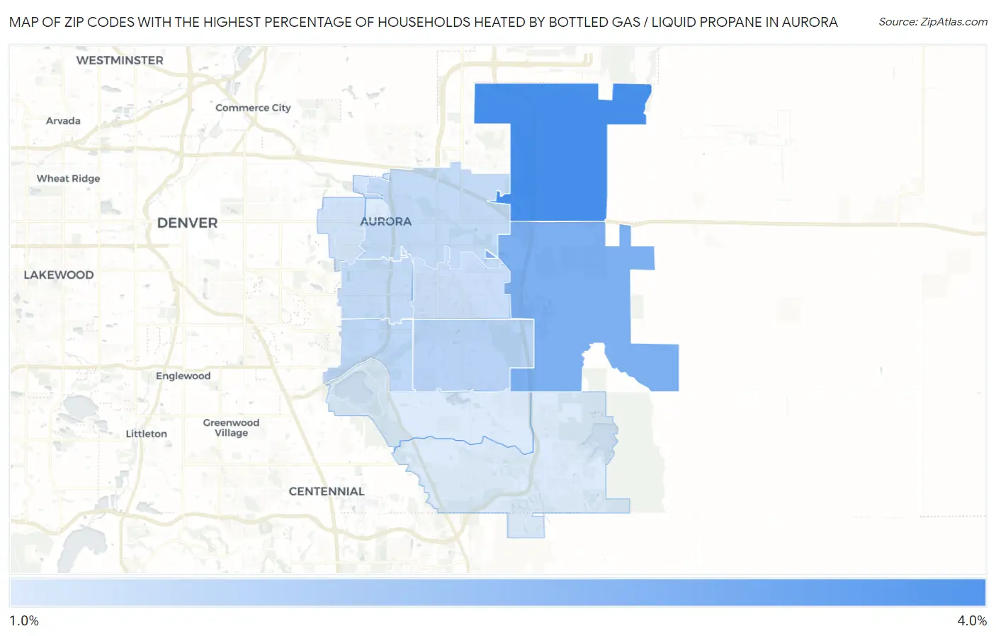 Zip Codes with the Highest Percentage of Households Heated by Bottled Gas / Liquid Propane in Aurora Map