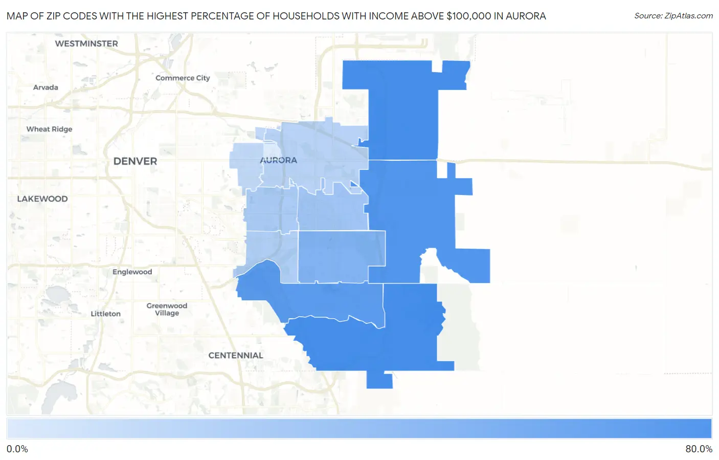 Zip Codes with the Highest Percentage of Households with Income Above $100,000 in Aurora Map
